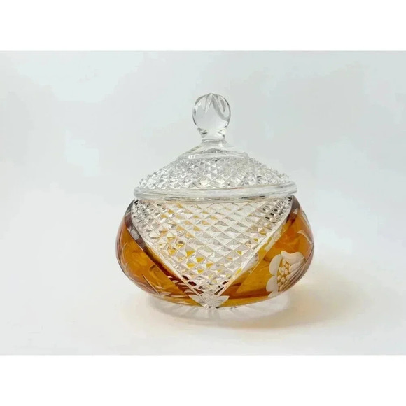 Julia Vintage Crystal Factory Diamond Cut Glass Swan & Foliage Polish Made Jar - Picture 5 of 9